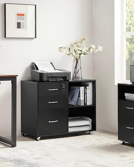 Yaheetech Black File Cabinet with Lock for Letter, A4 Size,3 Drawer Lateral Filing Cabinet Printer Stand with Open Storage Compartments,Mobile Filing Cabinet for Home Office, Black - LeafyLoom