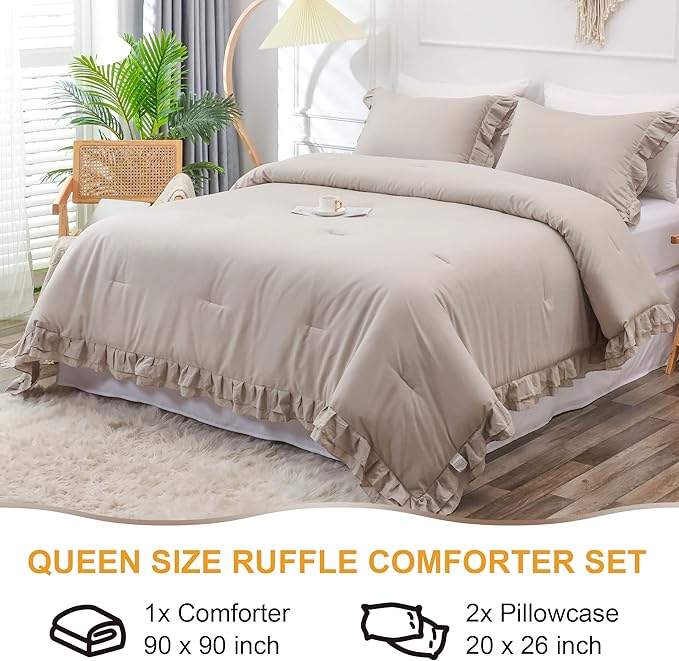 Wheat Double Ruffle Comforter Set Queen Size (90x90 Inch), 3 Pcs Farmhouse Vintage Comforter Set (1 Ruffled Comforter and 2 Pillowcase), Rustic All Season Down Alternative Bedding Set - LeafyLoom