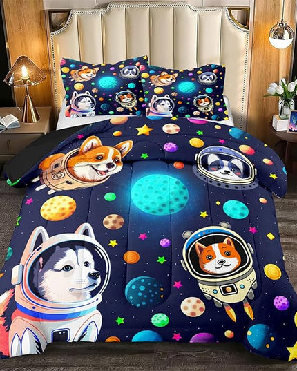 Dog Pattern Comforter Set - 3Pcs Cartoon Universe Dogs Theme Bedding Set for Boys Girls Kids Bedroom Kawaii Animal Pets Bedspreads Cover with 2 Pillowcases for All Season, Queen Size - LeafyLoom