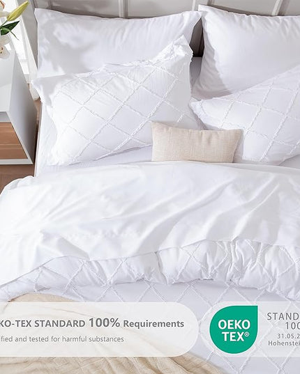 White Comforter Set with Jacquard Tufted Design, Farmhouse Bedding Sets for All Seasons, Soft 7 Pieces King Bed in a Bag with Comforter, Flat Sheet, Fitted Sheet, Pillowcases & Shams - LeafyLoom