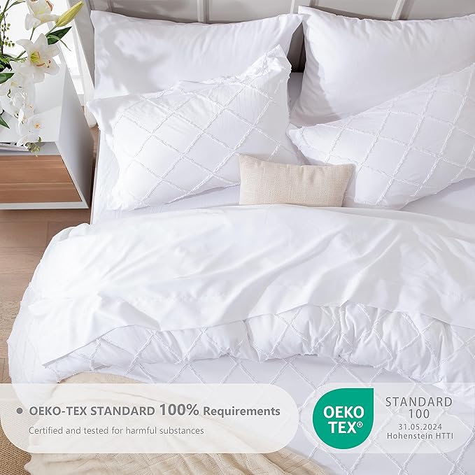 White Comforter Set with Jacquard Tufted Design, Farmhouse Bedding Sets for All Seasons, Soft 7 Pieces King Bed in a Bag with Comforter, Flat Sheet, Fitted Sheet, Pillowcases & Shams - LeafyLoom