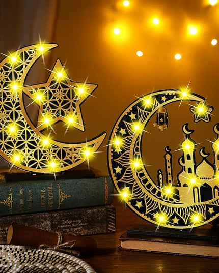 2 Pcs Ramadan Eid Mubarak Crafts Night Light 3D Wooden Moon Star Lights Ramadan Decorations LED Eid Mubarak Lamp Decor Ramadan Table Sign for Tabletop Home Party Supplies(Black and Gold) - LeafyLoom