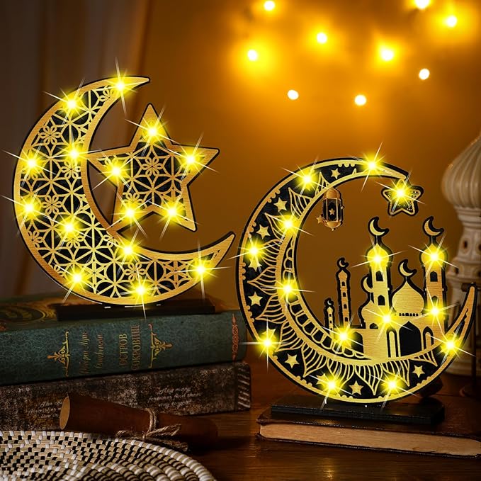 2 Pcs Ramadan Eid Mubarak Crafts Night Light 3D Wooden Moon Star Lights Ramadan Decorations LED Eid Mubarak Lamp Decor Ramadan Table Sign for Tabletop Home Party Supplies(Black and Gold) - LeafyLoom