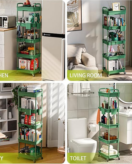 5 Tier Small Rolling Cart Organizer,Bathroom Cart Organizers with Wheels Laundry Room Organization Mobile Shelving Unit Utility Cart Storage Shelves Multi-Functional for Office, Home(Green) - LeafyLoom