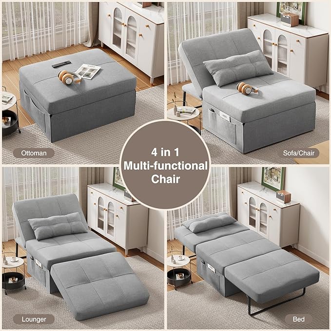 Aiho 4 in 1 Chair Bed, Sleeper Sofa Bed Convertible Chair, Assembly-Free Sofa Chair Bed with Adjustable Backrest Breathable Linen, for Living Room Apartment Office, Light Grey - LeafyLoom