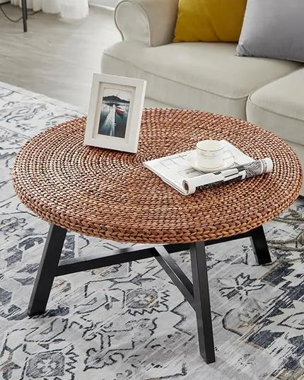 Round Coffee Table, Seagrass Coffee Solid Pine Wood X Base Frame Cocktail Table, Easy Assembled, Multiple Sizes for Living Room, 32 x 17 Inches,Gold - LeafyLoom