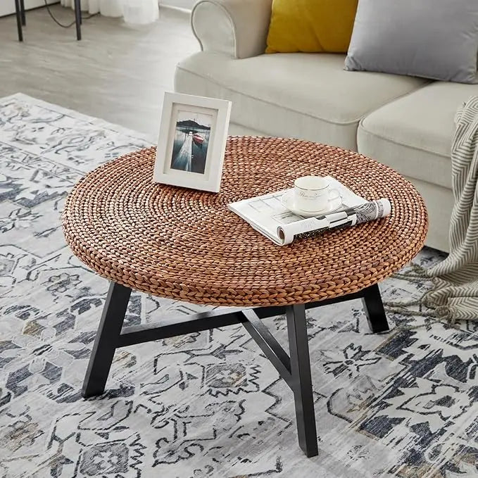 Round Coffee Table, Seagrass Coffee Solid Pine Wood X Base Frame Cocktail Table, Easy Assembled, Multiple Sizes for Living Room, 32 x 17 Inches,Gold - LeafyLoom