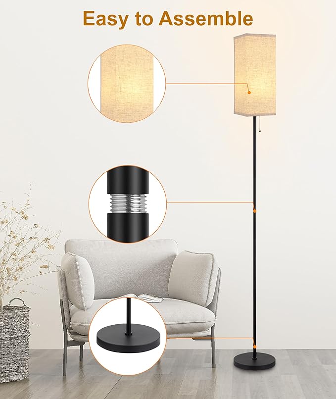 Floor Lamp for Living Room,Farmhouse Linen Floor lamp,Modern Standing lamp with LED Bulb Included,Black Tall Lamp with Chain Switch for Bedroom,Kids Room and Office. - LeafyLoom