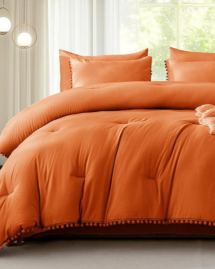 Litanika Queen Size Comforter Set Burnt Orange,3 Pieces Burnt Orange Boho Pom Pom Lightweight Bed Comforter, All Season Solid Color Bedding Comforter Sets (1 Comforter 90x90 Inch, 2 Pillowcases) - LeafyLoom