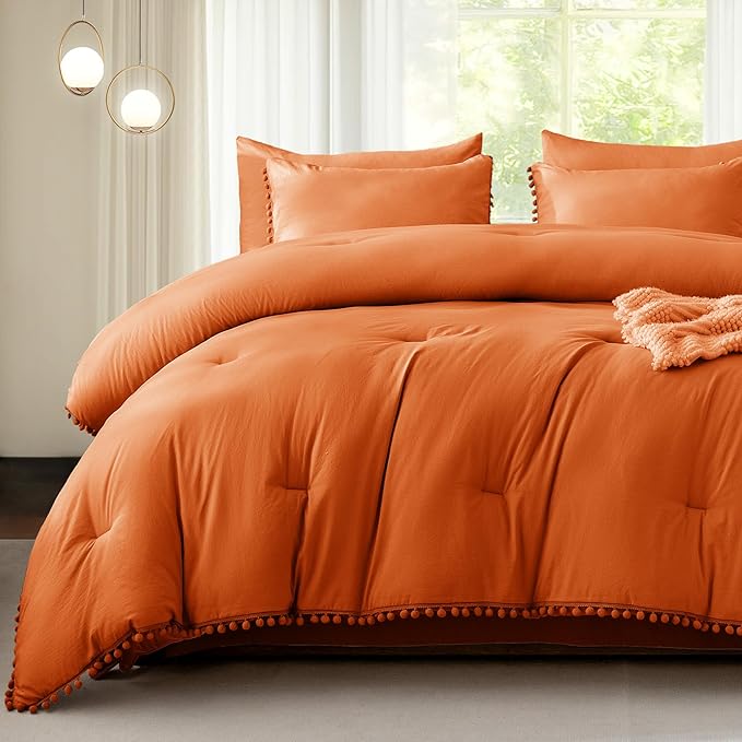 Litanika Queen Size Comforter Set Burnt Orange,3 Pieces Burnt Orange Boho Pom Pom Lightweight Bed Comforter, All Season Solid Color Bedding Comforter Sets (1 Comforter 90x90 Inch, 2 Pillowcases) - LeafyLoom