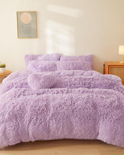 FOPPA Lilac fluffy Comforter Cover Set king- Ultra Soft fluffy lilac Bedding Sets 3 Pieces (1 Duvet Cover + 2 Pillow case) pink fluffy bed set (Lilac, King) - LeafyLoom