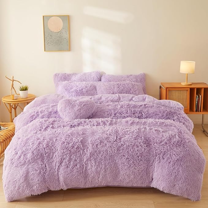 Fluffy Lilac comforters Cover twin size - Ultra Soft Plush Lilac bedding Sets 2 Pieces (1 faux fur comforter Cover + 1 fuzzy pillow case) girls shaggy Lilac twin bed set (Lilac, Twin) - LeafyLoom