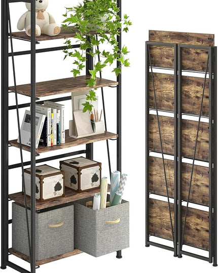 4NM No-Assembly Folding Bookshelf Storage Shelves 5 Tiers Vintage Bookcase Standing Racks Study Organizer Home Office (Rustic Brown and Black) - LeafyLoom