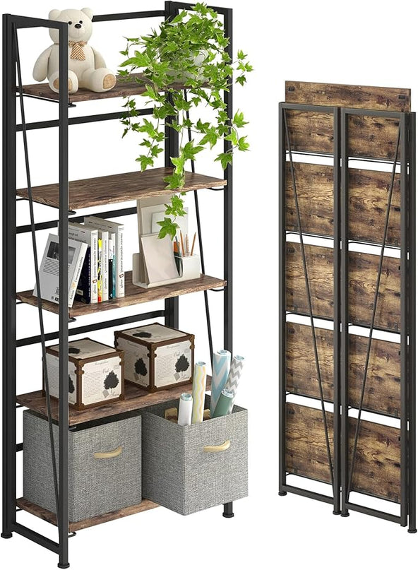 4NM No-Assembly Folding Bookshelf Storage Shelves 5 Tiers Vintage Bookcase Standing Racks Study Organizer Home Office (Rustic Brown and Black) - LeafyLoom