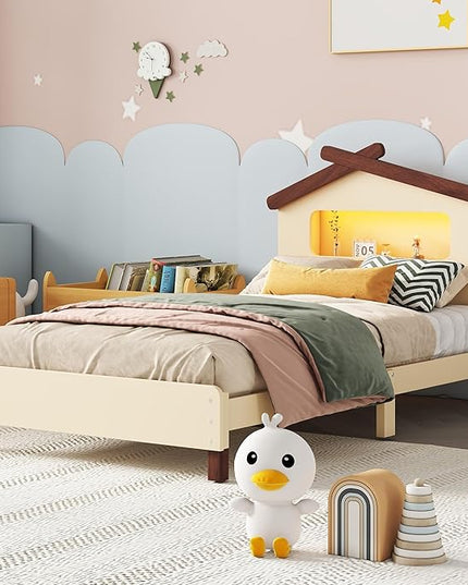 Bellemave Twin Size Cream Wood Kids Bed Frame, House-Shaped Headboard with Motion Activated Night Lights, Sturdy Construction, Easy Assembly, 200 lbs Capacity - LeafyLoom