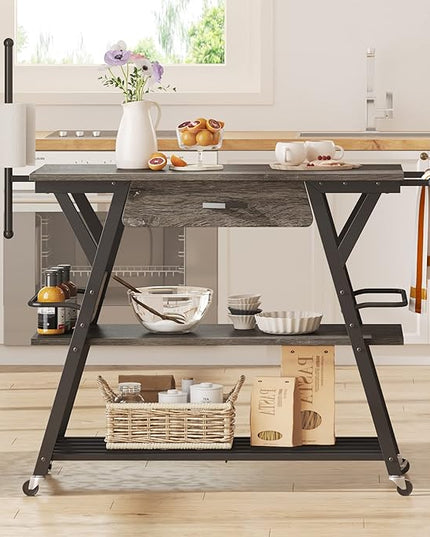 Bestier Coffee Bar Station, Kitchen Island Cart with Storage, Coffee Cart with Drawer, Paper Towel Holder and Lockable Wheels, Bar Table for Dinning Room Living Room, Gray - LeafyLoom