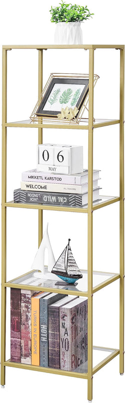 5-Tier Bookshelf,Metal Bookcase,Tempered Glass Shelves,Storage Rack Shelf for Home Office,Living Room,Bedroom, Bathroom,Modern Style,Golden - LeafyLoom