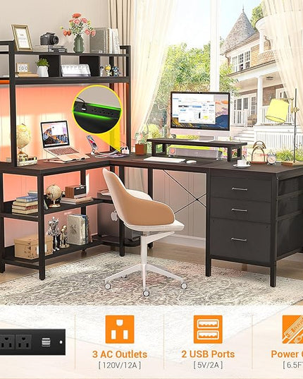 Aheaplus L Shaped Desk with Hutch, Gaming Desk with Led Lights, Reversible Computer Desk with Power Outlet, Corner Desk with File Drawer & Monitor Stand, Storage Shelves for Home Office, Black - LeafyLoom