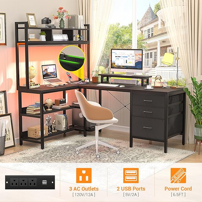Aheaplus L Shaped Desk with Hutch, Gaming Desk with Led Lights, Reversible Computer Desk with Power Outlet, Corner Desk with File Drawer & Monitor Stand, Storage Shelves for Home Office, Black - LeafyLoom