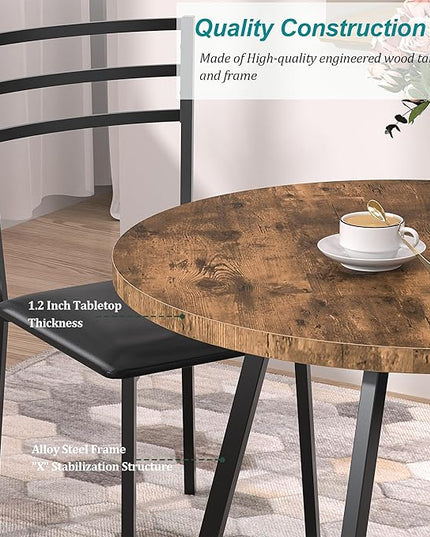 VECELO Round Dining Table with Steel Frame for 2-4 People, Space Saving for Home, Kitchen, Apartment, Antique Brown - LeafyLoom