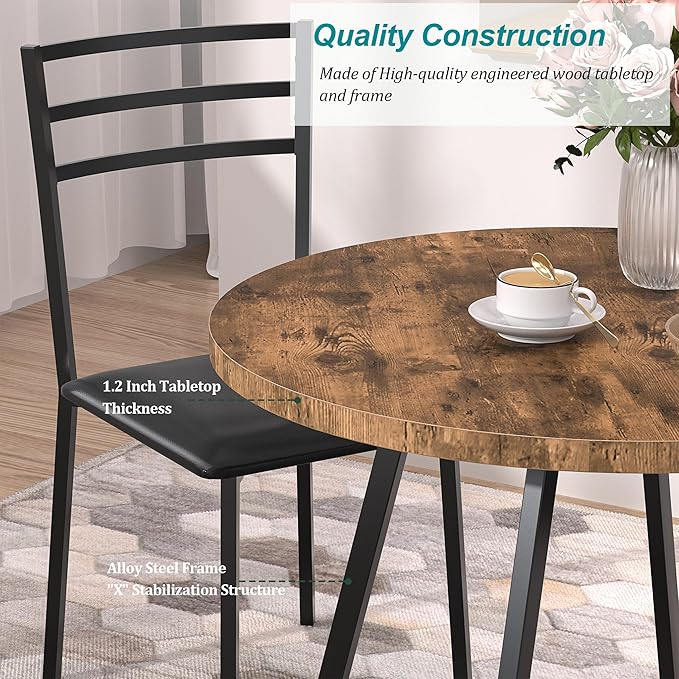 VECELO Round Dining Table with Steel Frame for 2-4 People, Space Saving for Home, Kitchen, Apartment, Antique Brown - LeafyLoom