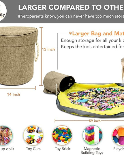 Toy Storage Basket and Play Mat - Building Bricks Toy Storage Organizer - Tidy with Ease - Toy Blocks Mat Storage Bag - Collapsible XL Kids Canvas Bag/Bin - Drawstring Playmat Boy/Girls-15"x14”(BEIGE) - LeafyLoom