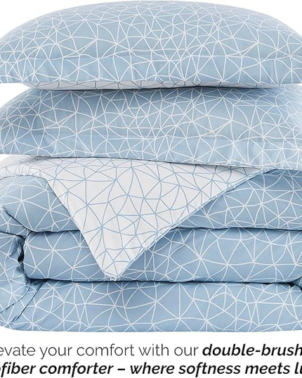 Southshore Fine Living, Inc. King Size Comforter Set with 2 Pillow Shams, Reversible Geometric Print is 2 Colors in 1 - Alternative Down Comforter King/Cal King, Soft Microfiber, Sky Blue & White - LeafyLoom