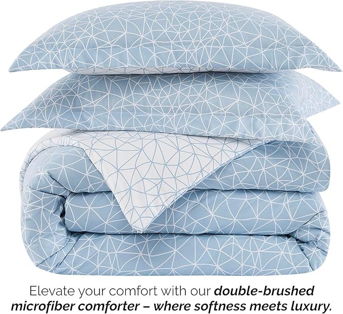Southshore Fine Living, Inc. King Size Comforter Set with 2 Pillow Shams, Reversible Geometric Print is 2 Colors in 1 - Alternative Down Comforter King/Cal King, Soft Microfiber, Sky Blue & White - LeafyLoom