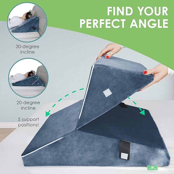 Cushy Form Wedge Pillow for Sleeping - 22 Inch Memory Foam Bed Wedge for Sleeping, Reading, Post Surgery & Leg Elevation - Triangle Pillow with Washable Cover - Blue - LeafyLoom