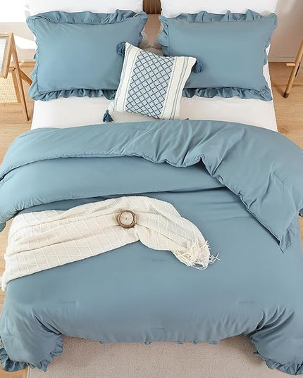 JANZAA Comforter Set Full Size Mineral Blue Ruffle Comforter 3PCS Soft Fluffy Comforter Vintage Farmhouse Bed Comforter Set Shabby Chic Bedding with 2 Pillowcases - LeafyLoom