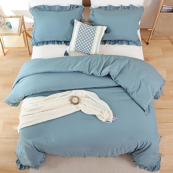 JANZAA Comforter Set Full Size Mineral Blue Ruffle Comforter 3PCS Soft Fluffy Comforter Vintage Farmhouse Bed Comforter Set Shabby Chic Bedding with 2 Pillowcases - LeafyLoom