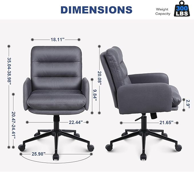 Adjustable Home Office Chair, Modern Mid Back Computer Desk Chair with Wheels, Ergonomic Upholstered Swivel Chair, Grey - LeafyLoom