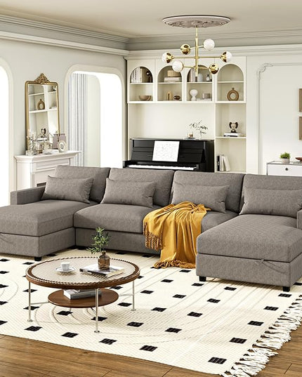 128.3" Modern Large U-Shaped Sectional Sofa with 2 Storage Chaise and 4 Lumbar Pillows, Oversized Reversible Upholstered Couch for Living Room, Apartment, Office, Gray, 128.3 Inch - LeafyLoom