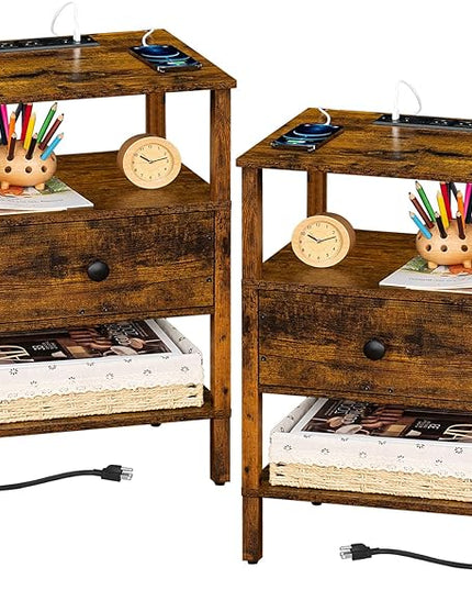 Lerliuo Nightstand Set of 2 with Charging Station and USB Ports, 3-Tier Storage End Table with Drawer Shelf, Night Stand for Small Spaces, Wood Bedside Table for Living Room, Bedroom-Brown - LeafyLoom
