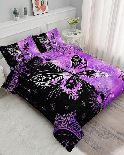 Datura home Black Purple Butterfly Comforter Set for Girls Women,Boho Butterfly Sun and Moon Mandala Printed Bedding Set with 2 Pillowcases(Black Purple Queen) - LeafyLoom