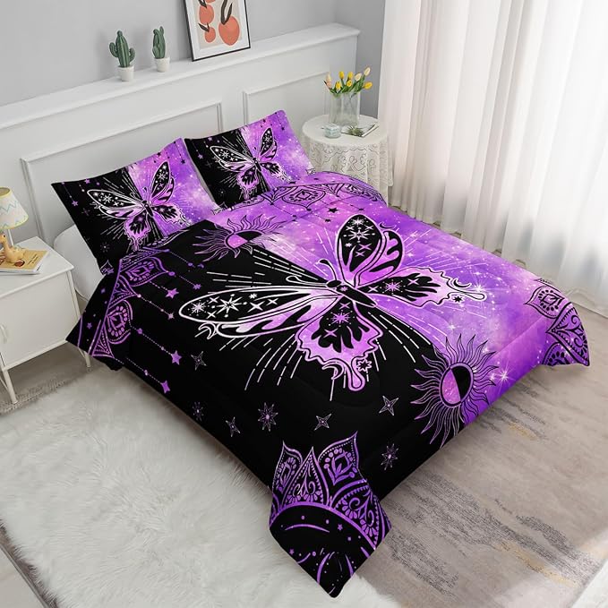 Datura home Black Purple Butterfly Comforter Set for Girls Women,Boho Butterfly Sun and Moon Mandala Printed Bedding Set with 2 Pillowcases(Black Purple Twin) - LeafyLoom