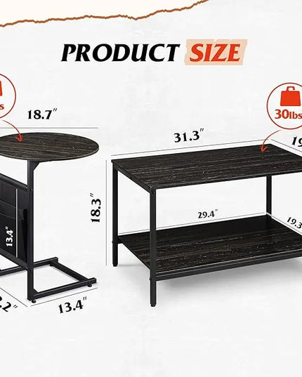 WLIVE Coffee Table and End Table Set, 31.3" Center Table and 18.7" Small Round Coffee Table with Side Pouch, Wood Nesting Coffee Table for Living Room, Bedroom, Charcoal Black - LeafyLoom