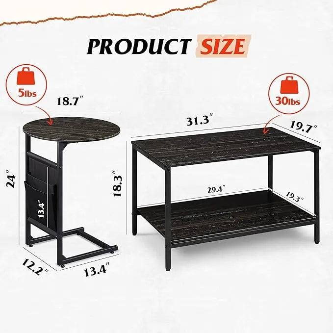 WLIVE Coffee Table and End Table Set, 31.3" Center Table and 18.7" Small Round Coffee Table with Side Pouch, Wood Nesting Coffee Table for Living Room, Bedroom, Charcoal Black - LeafyLoom