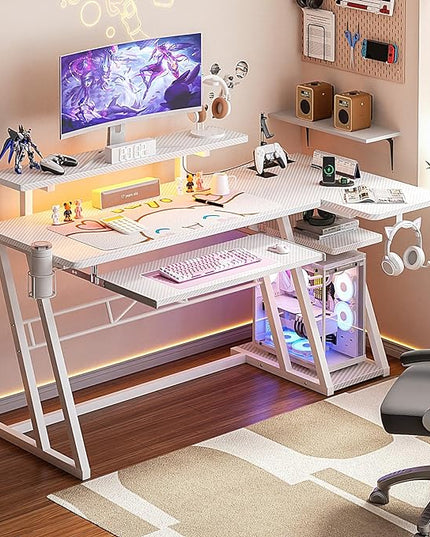 armocity L Shaped Gaming Desk with LED Lights and Outlets, White PC Gaming Desk with Monitor Stand and Shelves, Reversible Gaming Computer Desk with Keyboard Tray & Z-Shape Legs, 47" - LeafyLoom