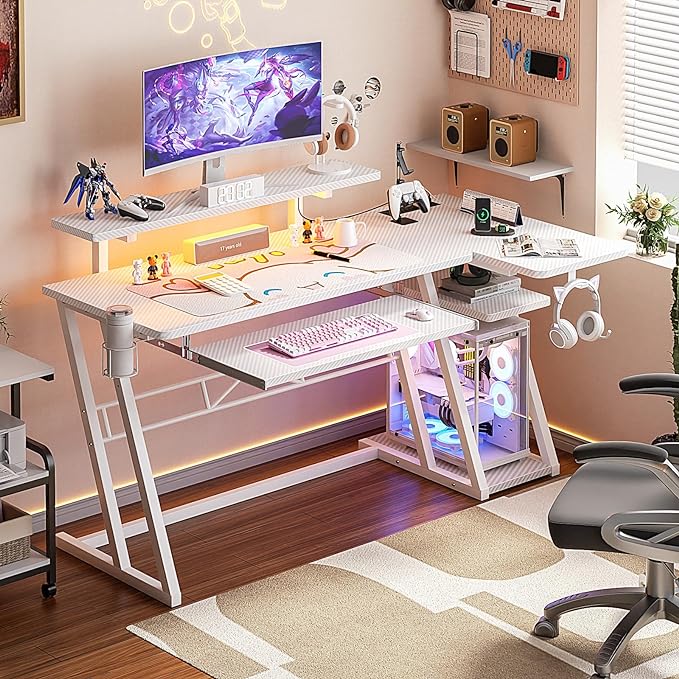 armocity L Shaped Gaming Desk with LED Lights and Outlets, White PC Gaming Desk with Monitor Stand and Shelves, Reversible Gaming Computer Desk with Keyboard Tray & Z-Shape Legs, 47" - LeafyLoom
