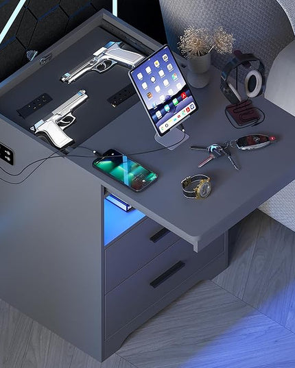 LED Nightstand with Gun Drawer Set of 2, Modern Beside Table with Charging Station, Auto Sensor 3 Color Dimmable Night Stand for Bedroom (Grey) - LeafyLoom