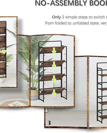 4NM No-Assembly 4 Tiers Folding Bookshelf Storage Shelves Vintage Bookcase Standing Racks Study Organizer Home Office (Rustic Brown and Black) - LeafyLoom