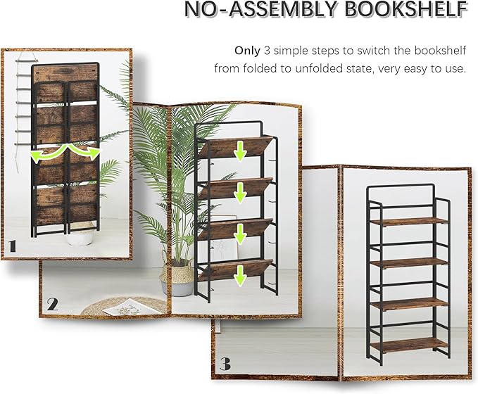 4NM No-Assembly 4 Tiers Folding Bookshelf Storage Shelves Vintage Bookcase Standing Racks Study Organizer Home Office (Rustic Brown and Black) - LeafyLoom