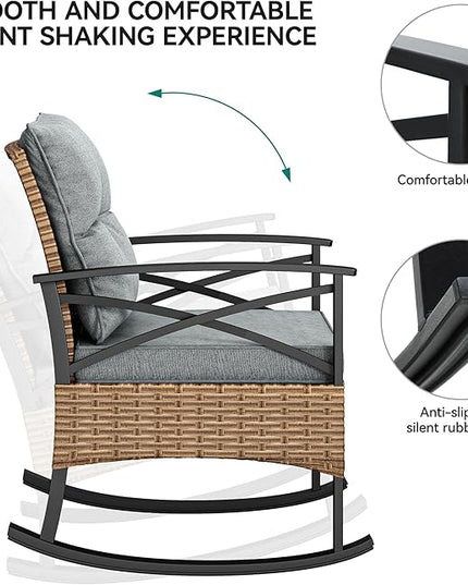 YITAHOME 3-Piece Outdoor Rocking Chair Bistro Set, Patio Wicker Rocking Chair Conversation Set with Glass Coffee Table & Soft Cushions for Balcony, Lawn and Porch Poolside (Light Brown+Gray) - LeafyLoom