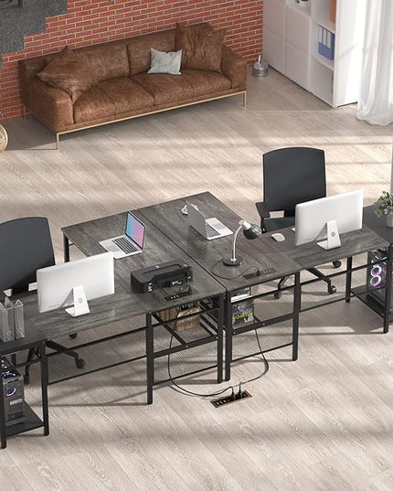 Unikito L Shaped Computer Desk with USB Charging Port and Power Outlet, Reversible Corner Desk with Storage Shelves, Industrial 2 Person Long Gaming Table Modern Home Office Desk, Black Oak - LeafyLoom