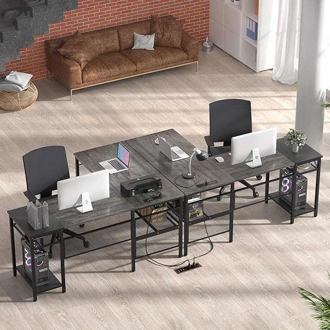 Unikito L Shaped Computer Desk with USB Charging Port and Power Outlet, Reversible Corner Desk with Storage Shelves, Industrial 2 Person Long Gaming Table Modern Home Office Desk, Black Oak - LeafyLoom