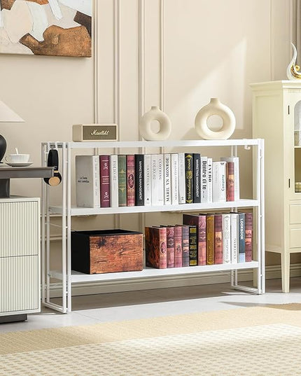 HCHQHS Bookshelf, 3-Tier Industrial Bookcase, White Open Book Shelf, Freestanding Horizontal Bookshelves with Metal Frame - LeafyLoom
