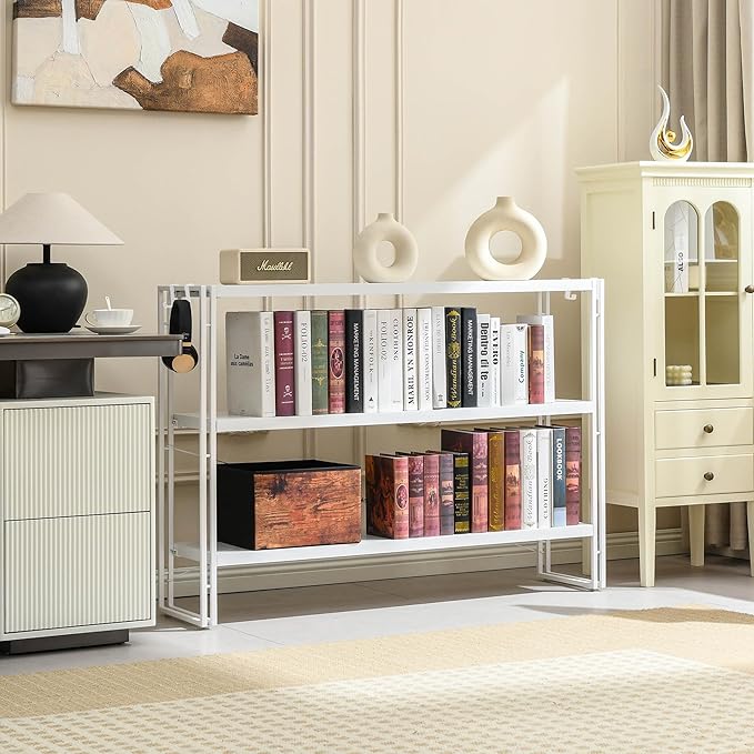 HCHQHS Bookshelf, 3-Tier Industrial Bookcase, White Open Book Shelf, Freestanding Horizontal Bookshelves with Metal Frame - LeafyLoom