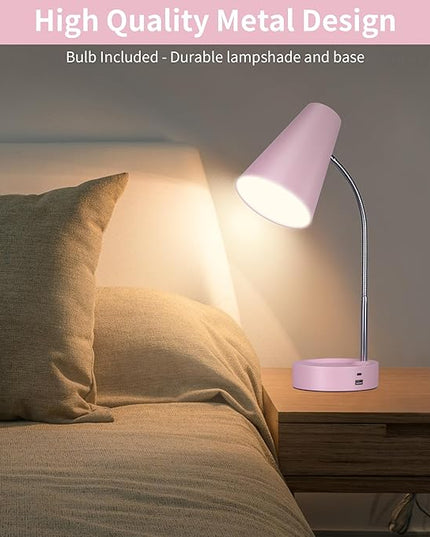 RUNTOP Pink Desk Lamp, Desk Lamps for Home Office, Desk Light for Kids, Desktop/Computer Study Lamps, Bedrooms Adjustable Gooseneck Reading Lamp with USB Port, 5 Brightness Levels, 5 Color Temperature - LeafyLoom