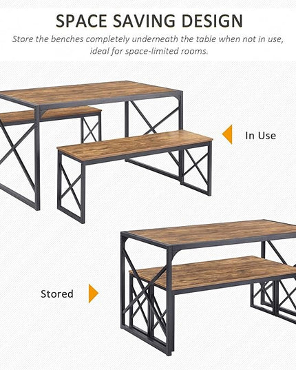 VECELO 55" Kitchen Table Set for 4-6, Wood Dining Room Dinette 2 Benches with Metal Frame for Breakfast Nook and Small Space, Brown - LeafyLoom